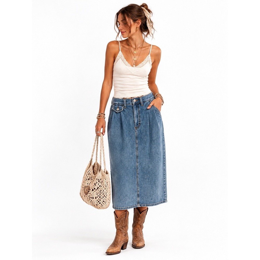 VTG 90s American Profile Denim Midi Skirt 6 Blue Pleated High Waist Western Boho